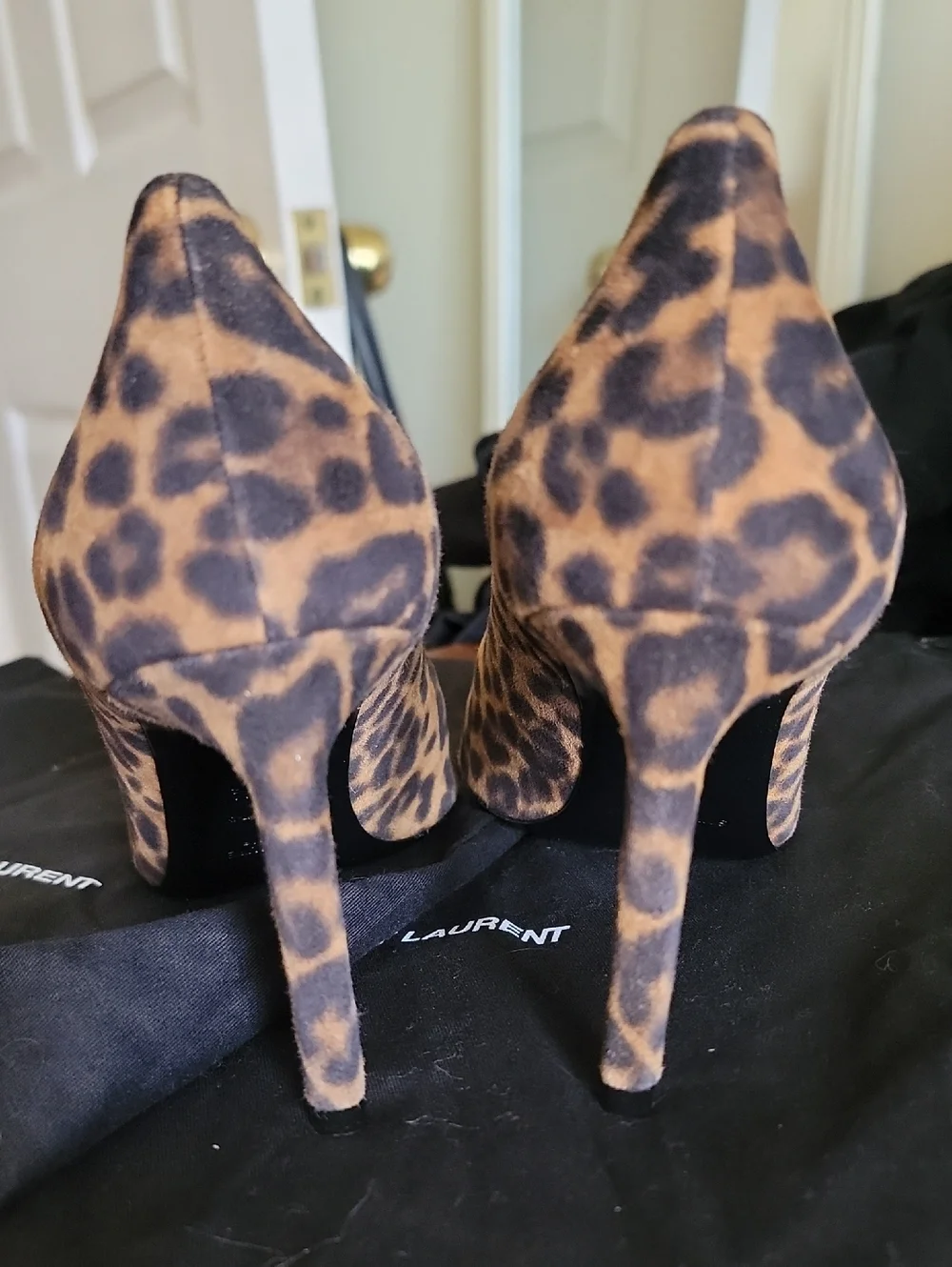 Saint Laurent PARIS Anja Leopard Suede Pointed Toe Pumps - Brown/Black - Picture 5 of 10